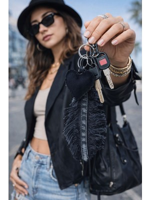 El Işçiliği Kalp Yaprak Detaylı Denim Çanta Charm