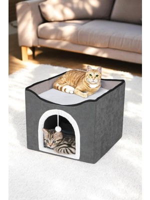 Braventa Collection Sevimli Katlanır Taşınabilir Çok Fonksiyonlu Kapalı Kedi Evi Yatağı Füme