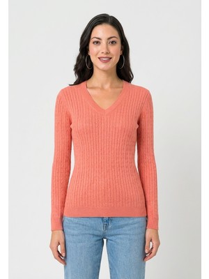 Felix Hardy Kadın V Yaka Saç Örgü Triko Kazak - Nar Çiçeği