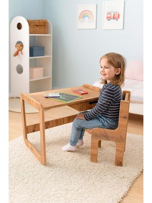 Braventa Collection Tek Kişilik Çekmeceli Ahşap Çocuk Oyun & Aktivite Masa ve Sandalye Takımı - 18MM Ceviz Renk Mdf
