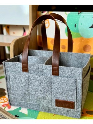 Braventa Collection Deri Kulplu Keçe Çanta - Anne Bebek Düzenleyici – Bebek Bakım Keçe Organizer - Gri