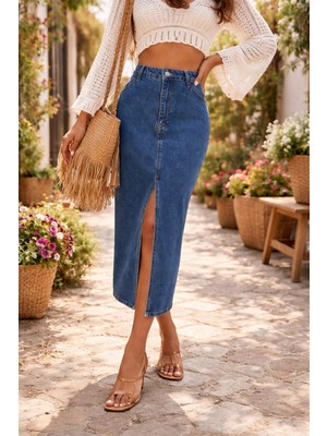 Dema Kadın Denim Esnek Kumaş Yırtmaçlı Uzun Etek