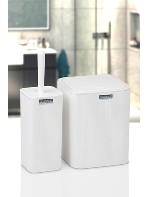 UltraMint Beyaz Çizgili Kare Wc Kova ve Fırça Seti, Şık ve Kullanışlı Tasarım