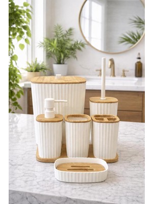 UltraMint Beyaz Bambu 6'lı Safir Banyo Seti, Doğal ve Şık Tasarım