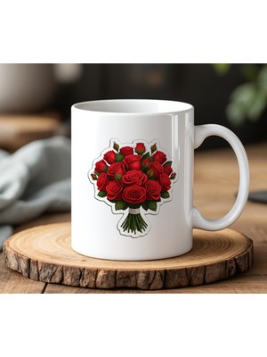 BB Design Gül Tasarımlı Beyaz Seramik Baskılı Kupa Bardak 330 ml
