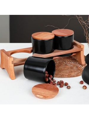 Braventa Collection Mat Siyah Ege Ahşap Standlı Saklama Kabı 10 cm 3 Parça