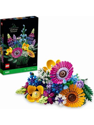 Braventa Collection LEGO Icons Kır Çiçekleri Buketi Seti, Gelincik ve Lavanta Içeren Yapay Çiçekler, Yetişkinlere Yöneli