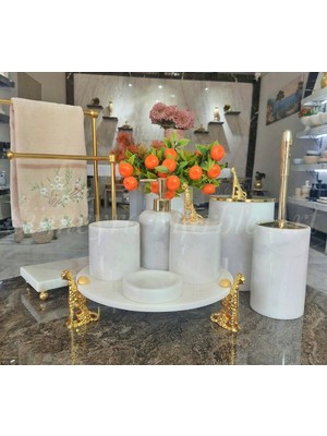 UltraMint Beyaz Mermer Banyo Seti, 8'li, Ayaklı Tepsi ve 2'li El Havluluk Seti