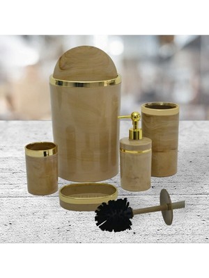 UltraMint Akrilik Yuvarlak 5 Parça Mermer Desenli Banyo Seti Krem Gold