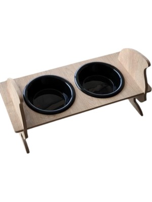Braventa Collection Kedi Kafalı Ahşap 2 Plastik Taslı Kedi ve Köpek Mama ve Su Kabı Siyah