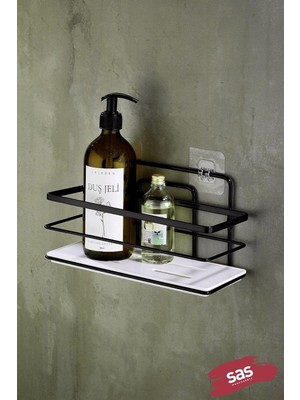 Braventa Collection Sas Haus Yapışkanlı Ömür Boyu Paslanmaz Ayarlanabilir Raf Banyo Düzenleyici Şampuanlık Beyaz Siyah L