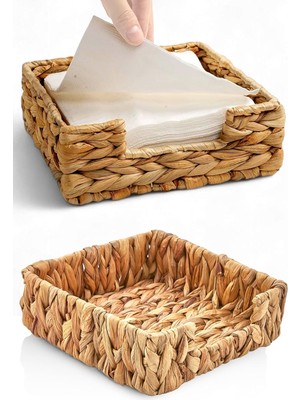 Braventa Collection El Yapımı Örme Doğal Su Sümbülü Hasır Peçetelik (19 * 19 * 7cm) - Yemek Masası Üstü Kağıt Peçetelik