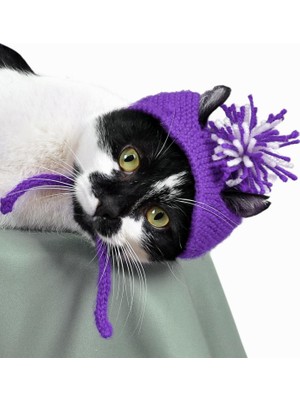 Braventa Collection X-Perk Örme Kedi Şapkası Mor Renk Yılbaşı Şapkası
