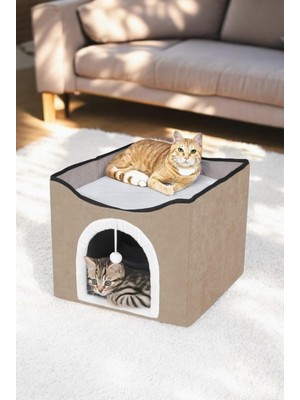 Braventa Collection Sevimli Katlanır Taşınabilir Çok Fonksiyonlu Kapalı Kedi Evi Yatağı Kahverengi