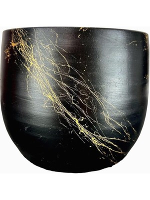 Braventa Collection Bitki Tasarımı Ev Dekorasyon Aksesuar Siyah Üzeri Gold Mermer Efektli Toprak Saksı Saksılık Salon Çi