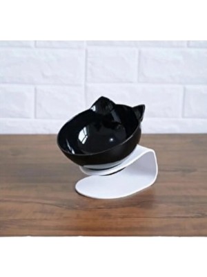 Braventa Collection Standlı Kedi Kafalı Mama Kabı Siyah Tekli