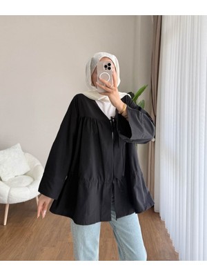 RFK Butik Kadın Büzgülü Önden Bağlamalı Poplin Kimono - Siyah
