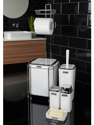 UltraMint Beyaz Kare Kromlu Yedekli Wc Kağıtlık ve 6 Parça Banyo Seti