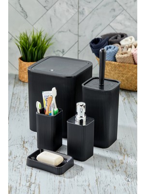 UltraMint Şık 5’li Banyo Seti, Çöp Kovası, Wc Fırçası, Sabunluk ve Diş Fırçası