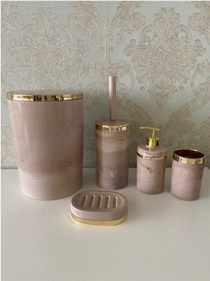 UltraMint Mermer Desenli Banyo Seti: Fırçalık, Sabunluk, Çöp Kovası, Diş Fırçalık