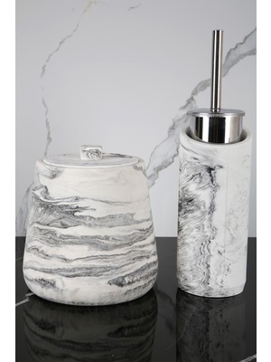 UltraMint 4 Parça Mermer Desenli Banyo Seti, Tuvalet Fırçası ve Çöp Kovası