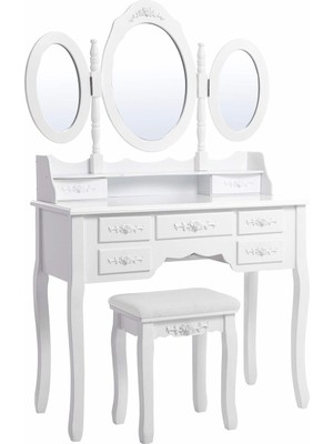 Braventa Collection 3 Aynalı ve Tabureli Tuvalet Masası, 7 Çekmece, Eğim Koruması, Lüks, 145 x 90 x 40 Cm, Beyaz RDT91W