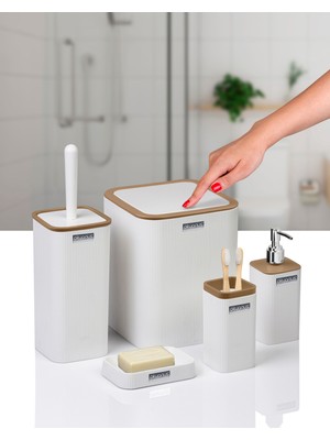 UltraMint Beyaz Çizgili Kare 5'li Banyo Seti, Şık ve Kullanışlı Tasarım