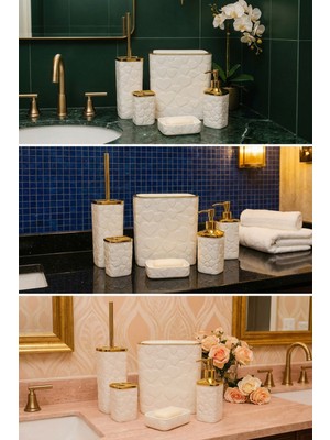 UltraMint 5 Parça Kalp Desenli Beyaz Gold Banyo Seti, Kare, Click Kapaklı, 8l