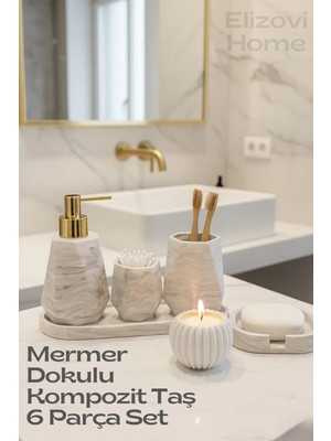 UltraMint Mermer Dokulu 6 Parça Banyo Seti Sabunluk, Diş Fırçalık, Mumluk, Dekoratif Tepsi