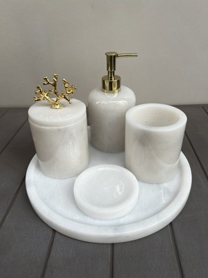UltraMint 5'li Figürlü Banyo Seti, %100 Doğal Mermer, Beyaz Gold