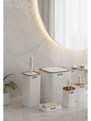 UltraMint Beyaz Ahşap Desenli Çizgili Kare 5'li Banyo Seti