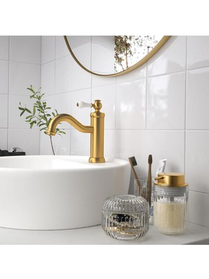 UltraMint 3'lü Banyo Sabunluk Seti, Gold Renk, Cam Sıvı Sabunluk ve Diş Fırçalık