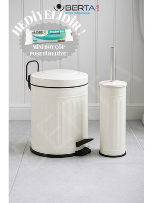 UltraMint Vintage Beyaz Banyo Seti, 5l Çöp Kovası ve Tuvalet Fırçası Hediyeli