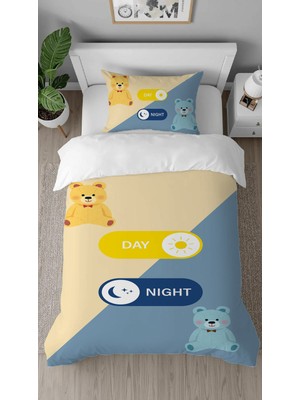 Greendecor Ayıcık Gece Gündüz Day Night Özel Tasarımlı Baskılı Çarşafsız Tek Kişilik Şık Çocuk Nevresim Takımı