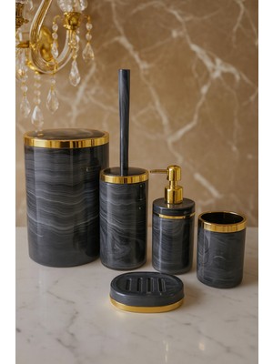 UltraMint Şık 5'li Banyo Seti, Akrilik ve Çöpkovası, Gold Detaylar