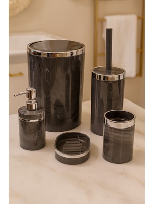 UltraMint 5 Parça Akrilik Banyo Seti Gümüş Detaylı Gri Mermer Tasarım