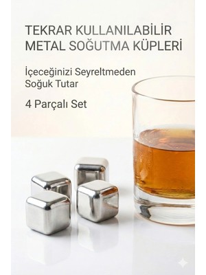Mey İthalat Paslanmaz Çelik Buz Küpü 4’lü Set – Içeceği Sulandırmadan Soğutucu Metal Taş