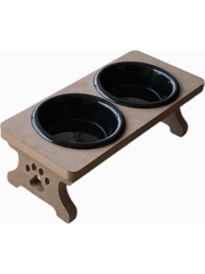Braventa Collection Ahşap Demonte 2 Plastik Taslı Kedi Mama ve Su Kabı Siyah
