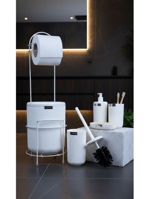 UltraMint Kırık Beyaz Yuvarlak Linea Due Standlı Wc Kağıtlık ve Banyo Seti