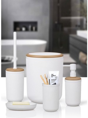 UltraMint Kırık Beyaz Çizgili Yuvarlak 5'li Banyo Seti, Şıklık ve Fonksiyon Bir Arada