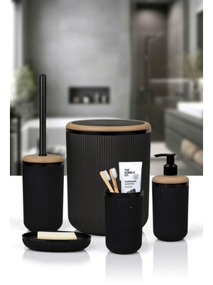 UltraMint Şık Siyah Çizgili Yuvarlak 5'li Banyo Seti, Zarif ve Modern Tasarım