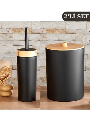 UltraMint Bambu Desenli Çöp Kovası ve Klozet Wc Fırçası 2’li Set