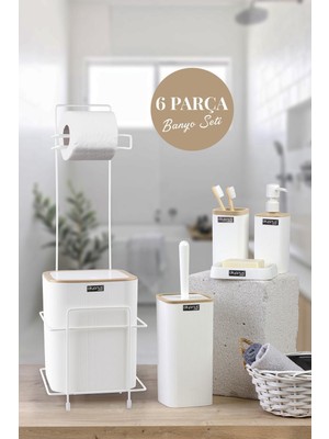 UltraMint Beyaz Kare Mina Due Standlı Wc Kağıtlık ve 6 Parça Banyo Seti