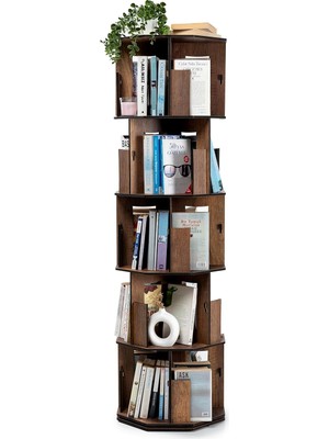 Braventa Collection Vigo Wood 360° Döner Kitaplık – Modern ve Dekoratif Çok Katmanlı Ahşap Kitap ve Dergi Rafı (Ceviz, 5