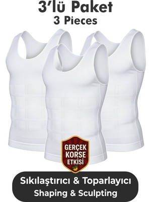 Elilom Erkek Korse Atlet 3’lü Paket – Bel, Göğüs ve Göbek Toparlayıcı, Destekleyici ve Sıkılaştırıcı Beyaz