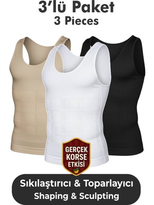 Elilom Erkek Korse Atlet 3’lü Paket – Bel, Göğüs ve Göbek Toparlayıcı, Destekleyici ve Sıkılaştırıcı Beyaz / Siyah / Ten