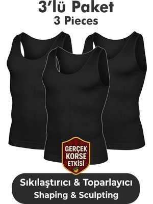 Elilom Erkek Korse Atlet 3’lü Paket – Bel, Göğüs ve Göbek Toparlayıcı, Destekleyici ve Sıkılaştırıcı Siyah