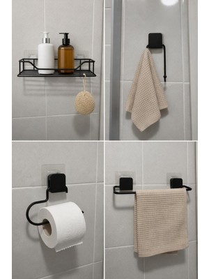 UltraMint Yapışkanlı Siyah Banyo Aksesuar Seti, Montajı Kolay, 4 Parça