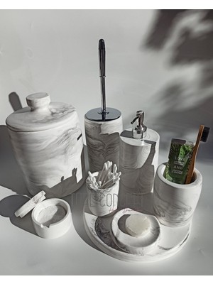 UltraMint Şık Mermer Görünümlü Banyo Seti: Çöp Kovası, Tuvalet Fırçası, Tepsi, Sabunluk, Pamukluk, Çubuğu