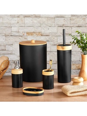 UltraMint Bambu Desenli Siyah 5'li Banyo Seti: Çöp Kovası, Sıvı Sabunluk, Diş Fırçalık